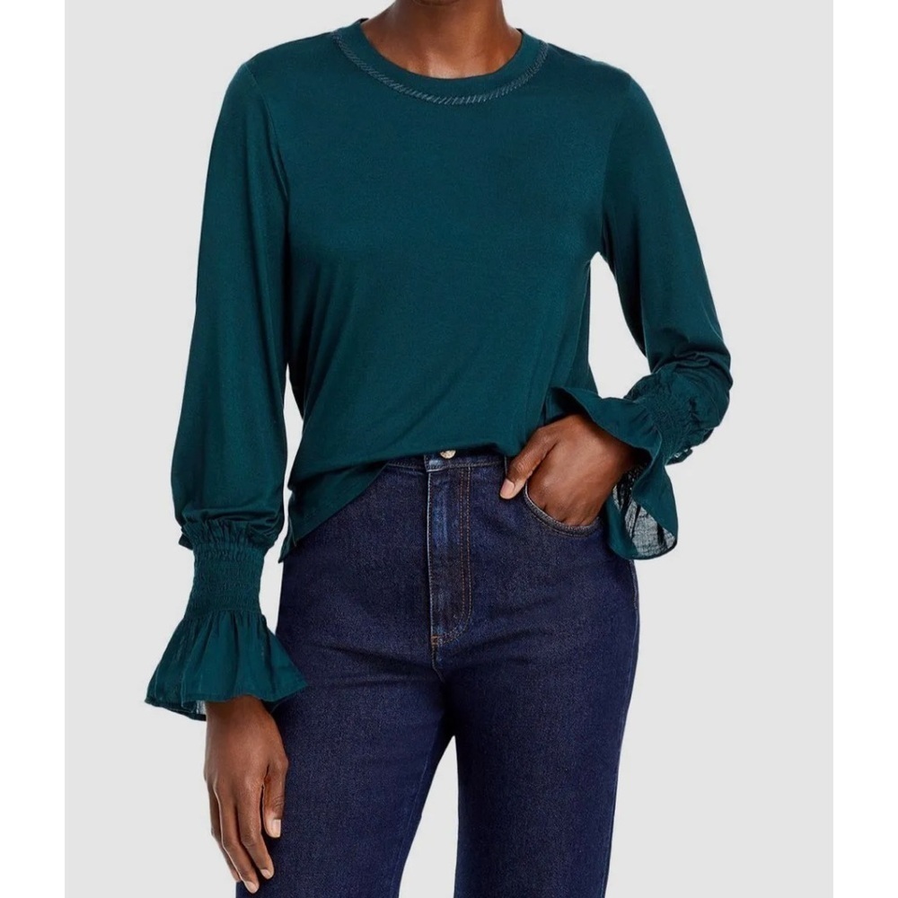 Kobi Halperin Pine Green Alix Ruffle-Cuff Long Sleeve Blouse Top KF1K16 Size S